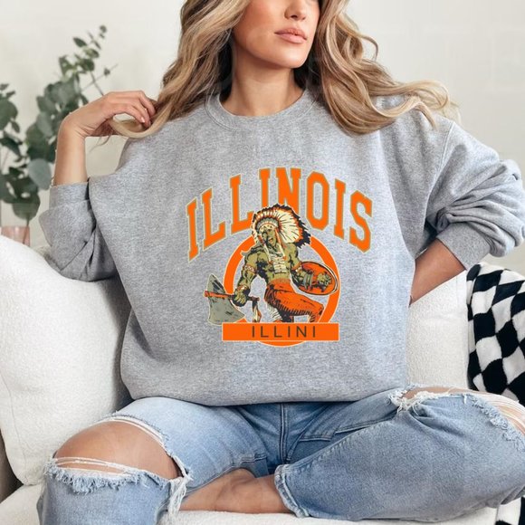 Illinois Fighting Illini Light Grey Sweater, Design Sweatshirt PM - Picture 1 of 4